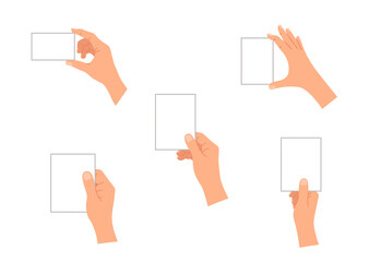Hand hold business card. Hands with paper blank cards. Arms holding plastic credit card. Give and take. Icon for showing, presentation, meeting and identity. Cartoon vector illustration