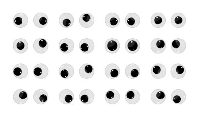 Fototapeta Googly eyes. Wobbly plastic eyes for toy. Puppet eyeballs. Cartoon glossy round eyes isolated on white background. Look down, up, left, right, crazy, silly, fun icons. Vector obraz