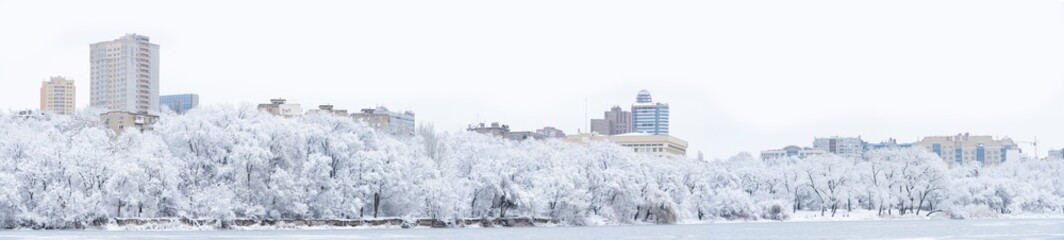 Obraz premium Winter panorama. View of the city and the river.