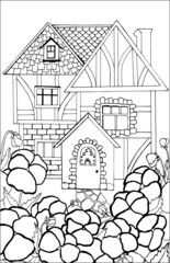 Coloring book for adults and children with an old rustic half-timbered house and pansies