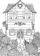 Coloring book for adults and children with romantic edwardian style house and hydrangea flowers