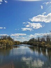 lake, water, landscape, sky, nature, river, reflection, forest, summer, tree, mountain, clouds, outdoors, cloud, green, trees, tranquil, park, mountains, scene, pond, sun, blue, scenery, view