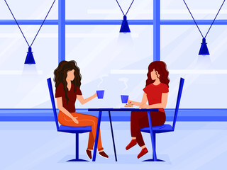 
Friends drink tea together in a cafe vector illustration. Young women gossiping while spending time in cafeteria isolated. People enjoying a coffee break in a public place are sitting at the table