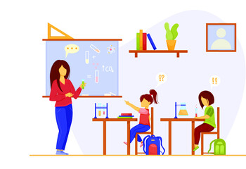 Children and teacher at chemistry lesson conduct experiments. Chemistry flasks with colorful liquids. Class at school. Vector illustration of entertaining science for kids
