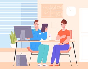 Patient at doctor appointment. Consultation at physician in medical office, clinic psychologist consulting room exam meeting hospital, treatment health splendid vector illustration
