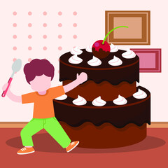 A children is very happy to get a gift in the form of a chocolate cake on his birthday. Vector colorful illustration. Cake chocolate.