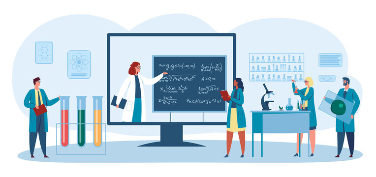 Online education scientists study biologist remotely concept. Illustration of education scientist online, research science technology vector