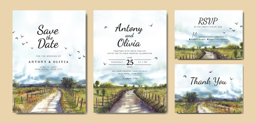 Wedding invitation set of nature landscape with road and fence watercolor