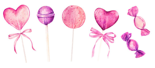 Set of watercolor lollipops and candy isolated on white background.