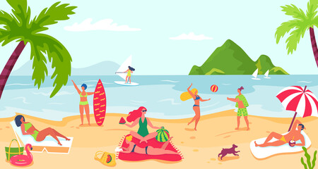 Obraz premium People relaxing at beach, summer sea holiday. Vector sea beach holiday, vacation and relaxation illustration
