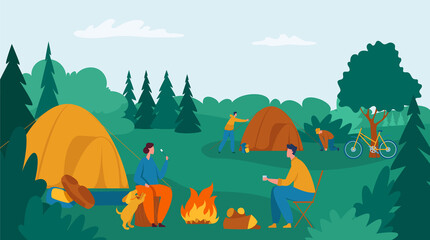 People camping, group of tourists with tent and bonfire. Vector of tourist travel group outdoor with campfire and campsite illustration © Frogella.stock