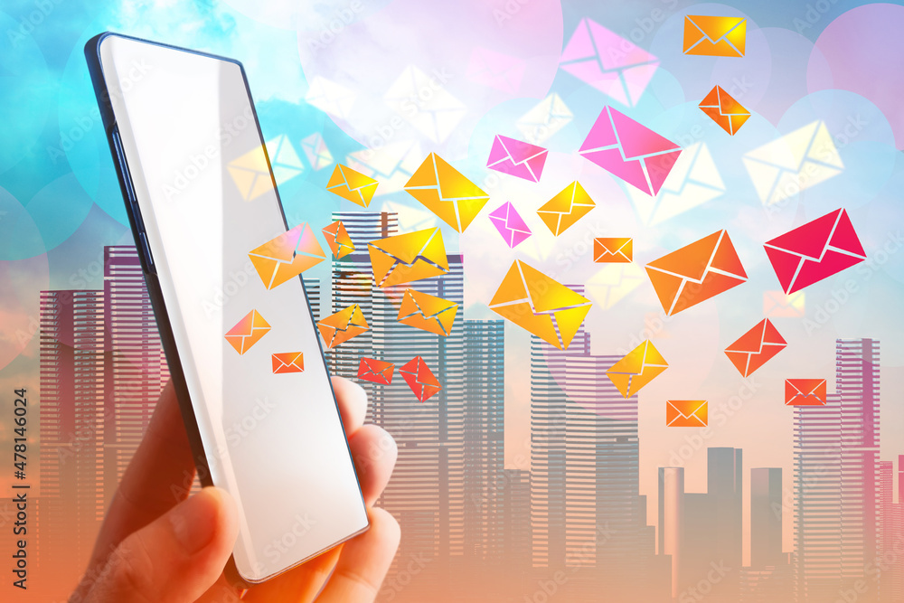 Poster mobile messaging. correspondence in mobile phone. smartphone in hand of man. envelopes fly out of ce