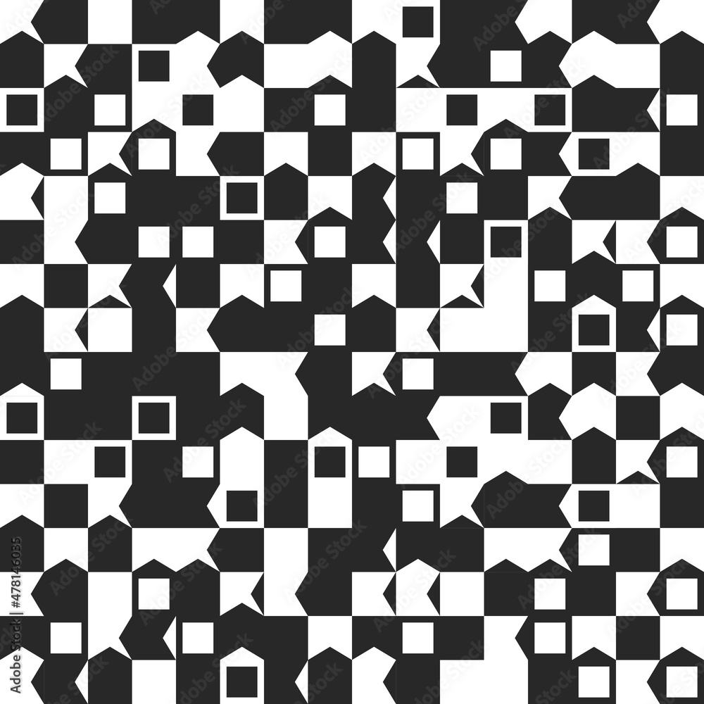 Poster Chess abstraction. Vector from black and white striped elements. The pattern is monochrome two-color. Simple geometric shapes.