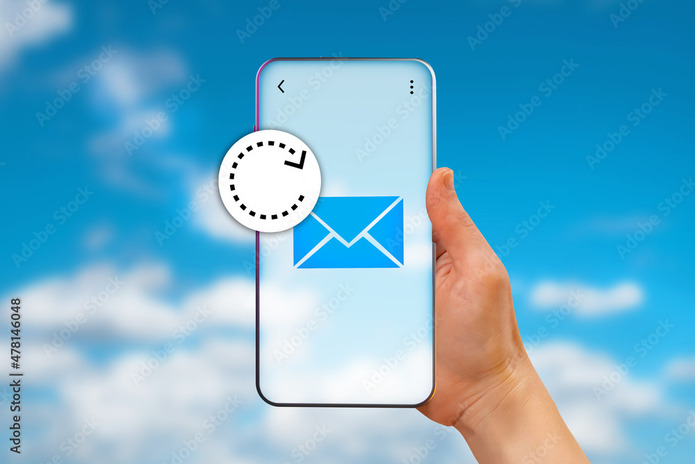 Poster message to phone. hand with phone on background of sky. message in messenger application. receiving 