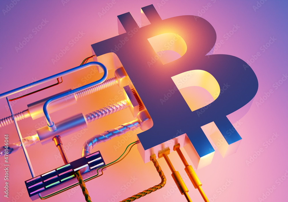 Poster bitcoin is digital currency. blockchain currency logo. detailed bitcoin symbol with many elements. b