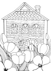 Coloring book for children and adults with a rustic wooden house and a tulip garden