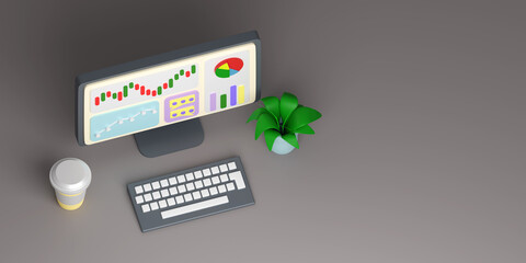 Business and investment illustration. Business charts on monitor. Money savings charts in display. Bank deposit dynamics. Investment Profit Growth Concept. Computer and keyboard on gray. 3d rendering.