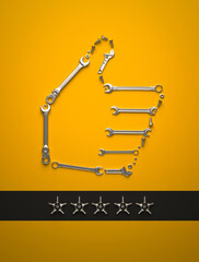 Fototapeta na wymiar A symbolic thumbs-up sign made of wrenches, bolts and nuts on a yellow background. Creative template for a five-star high-quality engineering, construction and maintenance service. 3D render.