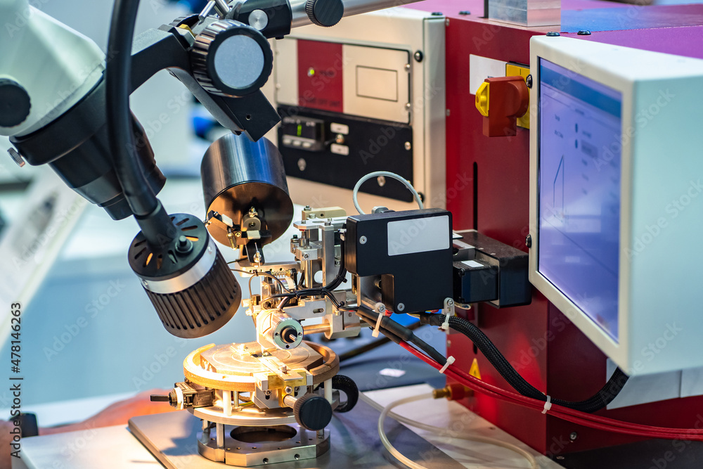 Poster electron microscope. microelectronics concept. checking microprocessors with microscope. manufacturi