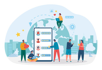 Social media activity, estimate users internet, give stars. Vector communication in network illustration, design of concept modern technology