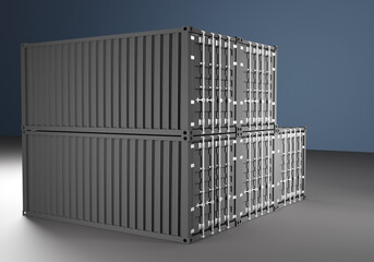 Logistic containers. Gray sea containers for transportation of bulky goods. Import and export containers. They symbolize logistics and transport industry. Containerized warehouse. 3d image.
