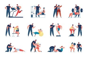 Characters training with personal trainer, athlete with coach. Athletic men and women doing workout with gym fitness instructor vector set. Doing active exercises with weight and dumbbells
