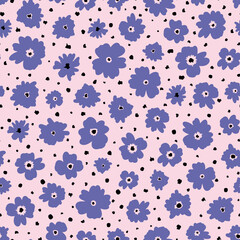 Very peri ditsy daisy seamless repeat pattern. Random placed, vector flowers all over surface print.