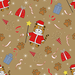 seamless pattern with a tiger in a Santa costume