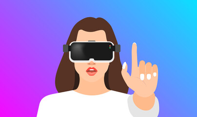 woman wearing vr glasses touching with finger game internet video conference technology vector illustration 