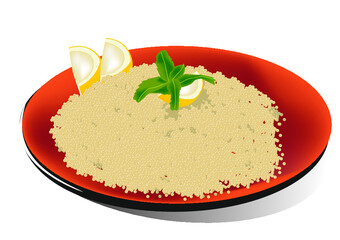 Couscous on the plate with lemon.