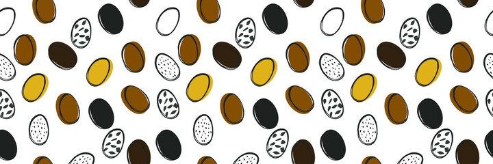 Seamless Easter pattern. Texture with black and golden eggs on white. Spring childrens background in black and golden colors. Festive wrapping paper.