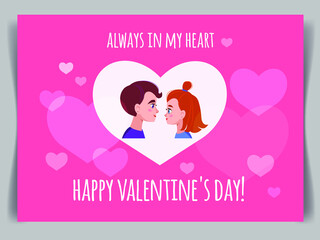 Boy and girl in profile in the heart on a pink background. The inscription is always in my heart..Valentine's Day card.