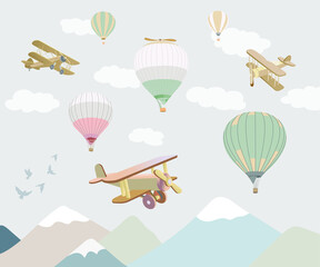 Air balloon wallpaper for nursery. Baby room design, wall decor