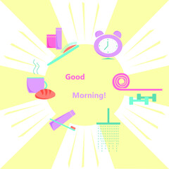 Morning routine infographics collection. Alarm clock, yoga mat and dumbbells, shower, toothpaste and brush, coffee and breakfast, skincare and hairbrush.  Vector illustration. Healthy lifestyle.      