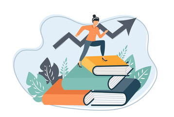 Vector cartoon illustration of Successfull woman going from one education level to another. Girl steps up stairs of books on white background.