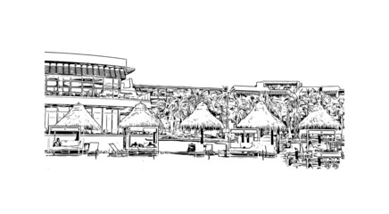 Building view with landmark of Cabo San Lucas is the 
city in Mexico. Hand drawn sketch illustration in vector.