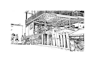 Building view with landmark of Cabo San Lucas is the 
city in Mexico. Hand drawn sketch illustration in vector.