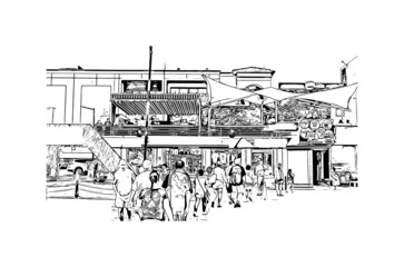 Building view with landmark of Cabo San Lucas is the 
city in Mexico. Hand drawn sketch illustration in vector.