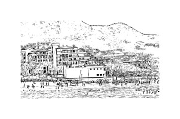 Building view with landmark of Cabo San Lucas is the 
city in Mexico. Hand drawn sketch illustration in vector.