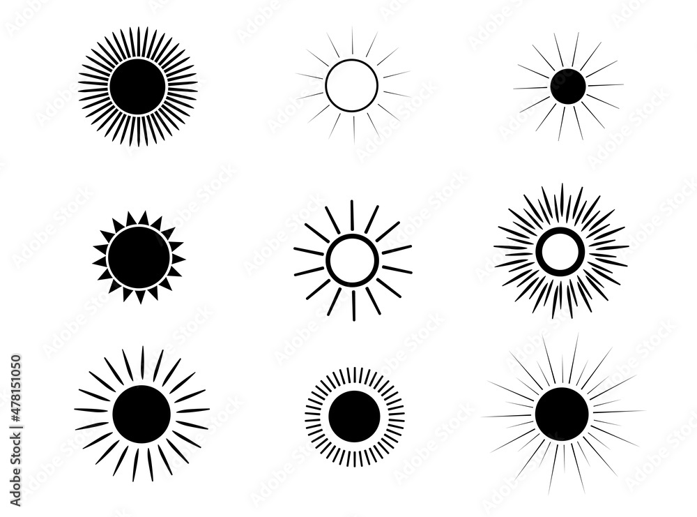 Poster set of vector icons of the sun. simple flat illustration. sunlight, rays. a collection of round elem