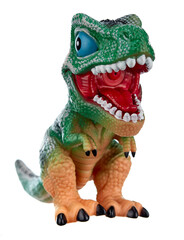 Toy dinosaur with an open mouth full of predatory fangs stands on its hind legs, isolated on a white background.