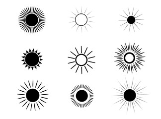 Set of vector icons of the sun. Simple flat illustration. Sunlight, rays. A collection of round elements of different shapes. Vector illustration.

