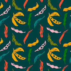 Vector Soybean pattern seamless. Hand-drawn soybean illustrations for Soy sauce label design. Whole pea pod drawings. Beans background. Vegan backdrop, vegetarian decoration. Organic food wallpaper.
