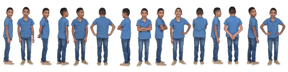 various poses of the same boy from behind on white background