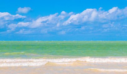 Beautiful Holbox island beach sandbank panorama turquoise water waves Mexico.