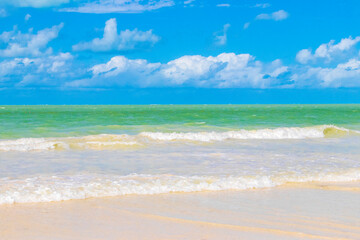 Fototapeta na wymiar Beautiful Holbox island beach sandbank panorama turquoise water waves Mexico.