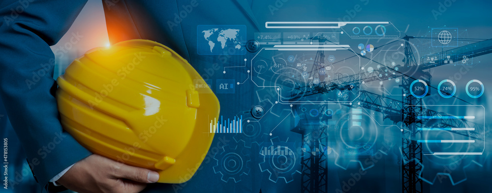 Fototapete future building construction engineering and technology project concept. double exposure graphic wit
