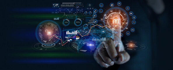 Business person hands working on modern business global network connection interface icons, Business economic financial and technology digital marketing concept.