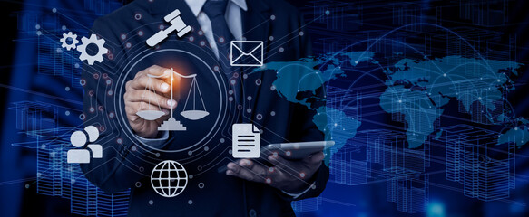 Concepts of Law and Legal services. Lawyer hand with law digital interface icons.	
