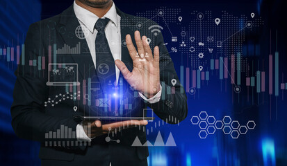 Business person hands working on modern business global network connection interface icons, Business economic financial and technology digital marketing concept.